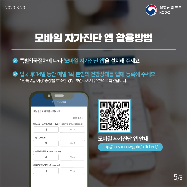 모바일 자가진단 앱 활용방법 - 특별입국절차에 따라 ‘모바일 자가진단 앱’을 설치해 주세요. - 입국 후 14일 동안 매일 1회 본인의 건강상태를 앱에 등록해 주세요. ⁕ 연속 2일 이상 증상을 호소한 경우 보건소에서 유선으로 확인합니다. 모바일 자가진단 앱 안내 http://ncov.mohw.go.kr/selfcheck/