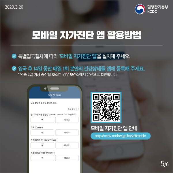 모바일 자가진단 앱 활용방법 - 특별입국절차에 따라 ‘모바일 자가진단 앱’을 설치해 주세요.  - 입국 후 14일 동안 매일 1회 본인의 건강상태를 앱에 등록해 주세요. ⁕ 연속 2일 이상 증상을 호소한 경우 보건소에서 유선으로 확인합니다. 모바일 자가진단 앱 안내 http://ncov.mohw.go.kr/selfcheck/