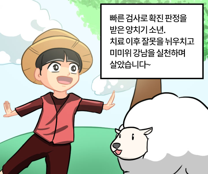 - 빠른 검사로 확진 판정을 받은 양치기소년. 치료 이후 잘못을 뉘우치고 미미위 강남을 실천하며 살았습니다~