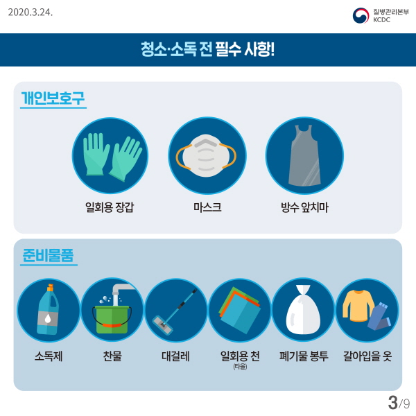 청소·소독 전 필수 사항! 개인보호구 : 일회용 장갑, 마스크, 방수 앞치마 준비물품 : 소독제, 찬물, 대걸레, 일회용 천(타올), 폐기물 봉투, 갈아입을 옷