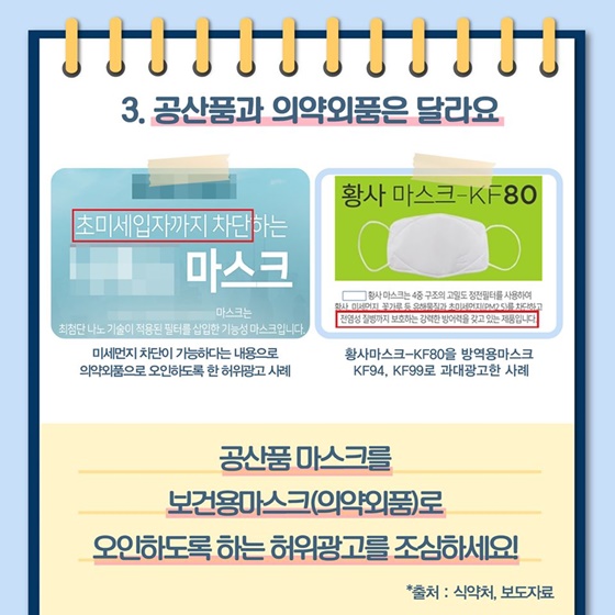 3. 공산품과 의약외품은 달라요. 공산품 마스크를 보건용마스크(의약외품)로 오인하도록 하는 허위광고를 조심하세요!