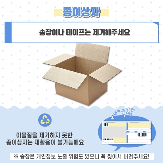 1. 종이상자  송장이나 테이프는 제거해주세요. 이물질을 제거하지 못한 종이상자는 재활용이 불가능해요. ※ 송장은 개인정보 노출 위험도 있으니 꼭 찢어서 버려주세요!