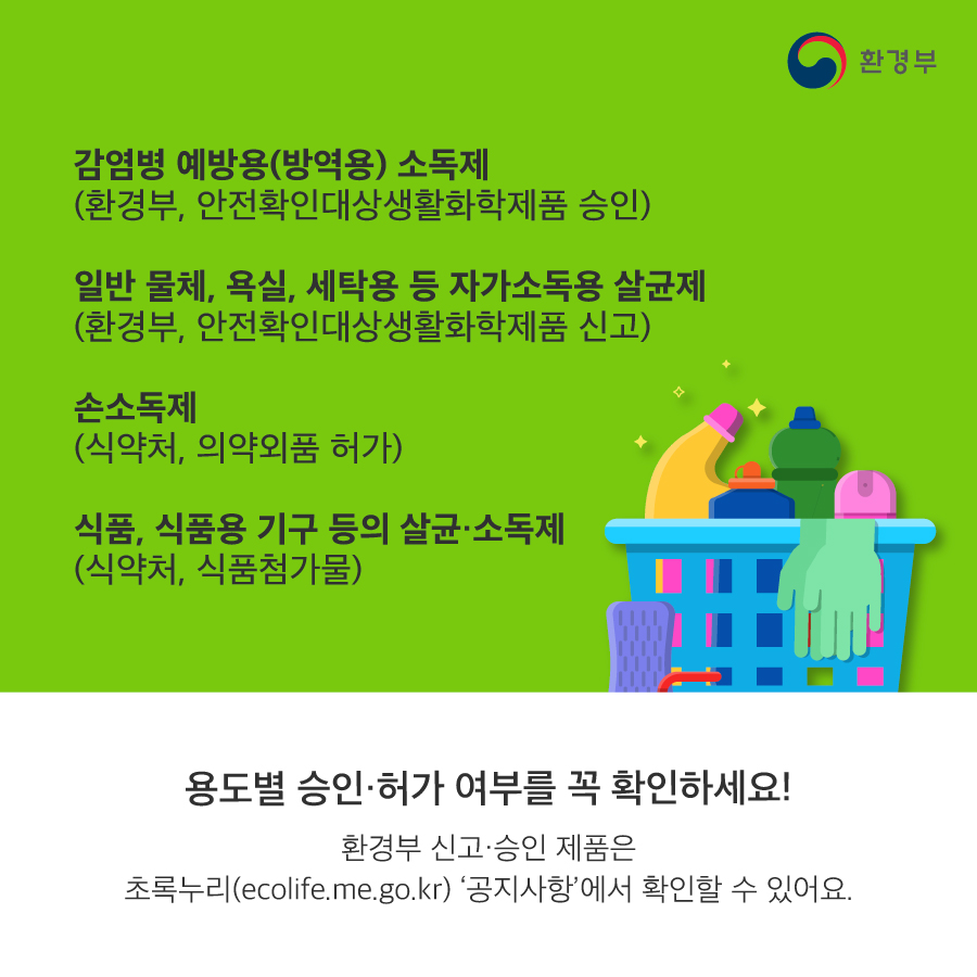 감염병 예방용(방역용) 소독제 (환경부, 안전확인대상생활화학제품 승인) 일반 물체, 욕실, 세탁용 등 자가소독용 살균제 (환경부, 안전확인대상생활화학제품 신고) 손소독제 (식약처, 의약외품 허가) 식품, 식품용 기구 등의 살균·소독제 (식약처, 식품첨가물) 용도별 승인·허가 여부를 꼭 확인하세요! 환경부 신고·승인 제품은 초록누리(ecolife.me.go.kr) 공지사항'에서 확인할 수 있어요.