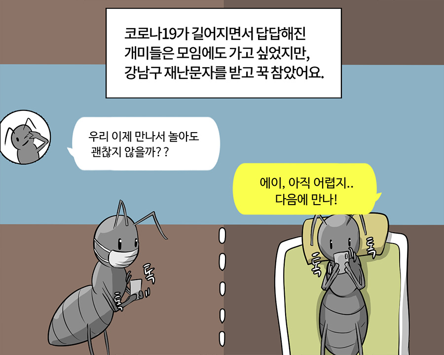 - 코로나19가 길어지면서 답답해진 개미들은 모임에도 가고 싶었지만, 강남구 재난문자를 받고 꾹 참았어요.