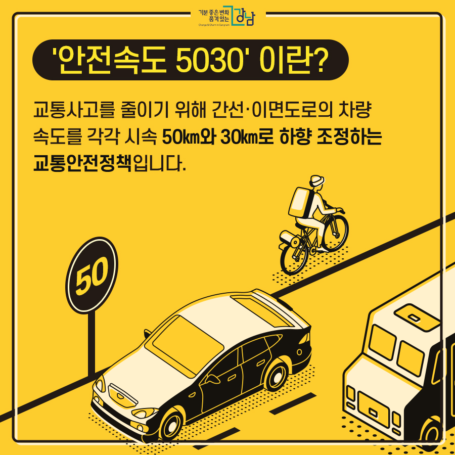 ‘안전속도 5030’이란? 교통사고를 줄이기 위해 간선·이면도로의 차량 속도를 각각 시속 50㎞와 30㎞로 하향 조정하는 교통안전정책입니다.