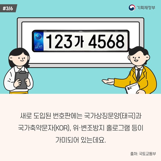 새로 도입된 번호판에는 국가상징문양(태극)과 국가축약문자(KOR), 위·변조방지 홀로그램 등이 가미돼 있는데요.