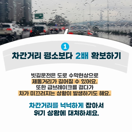 1. 차간거리 평소보다 2배 확보하기 빗길운전은 도로 수막현상으로 제동거리가 길어질 수 있어요. 또한 급브레이크를 걸다가 차가 미끄러지는 상황이 발생하기도 해요.  차간거리를 넉넉하게 잡아서 위기 상황에 대처하세요.