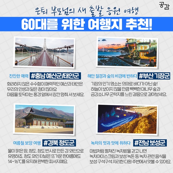 60대를 위한 여행지 추천!…은퇴 부모님의 새 출발 응원 여행  1. 충남 예산군/태안군 >>잔잔한 매력 화려하지 않은 수수함이 매력적인 예산과 태안은 우리의 인생과 닮은 점이 많아요. 마음을 토닥이는 풍경 앞에서 잠깐 멈춰 서보세요.  2. 부산 기장군 >>해안 절경과 숲의 비경에 반하다 기장의 인기 명소는 의외로 바다가 아닌 숲! 하늘이 보이지 않을 만큼 빽빽한 대나무 숲과 금강소나무 군락지를 느린 걸음으로 걸어보세요.   3. 경북 청도군 >>여름철 보양 여행 물이 맑은 땅, 청도. 청도 반시로 만든 감 와인으로 유명하죠. 청도 와인 터널은 뜨거운 한여름에도 14~16℃를 유지해 완벽한 피서지예요.  4. 전남 보성군 >>녹차의 멋과 맛에 취하다 마법처럼 펼쳐진 녹차밭을 걷고 나면, 녹차아이스크림과 보성 녹돈 등 녹차 관련 음식을 보성 구석구석 자리한 다원 주변에서 맛볼 수 있어요.