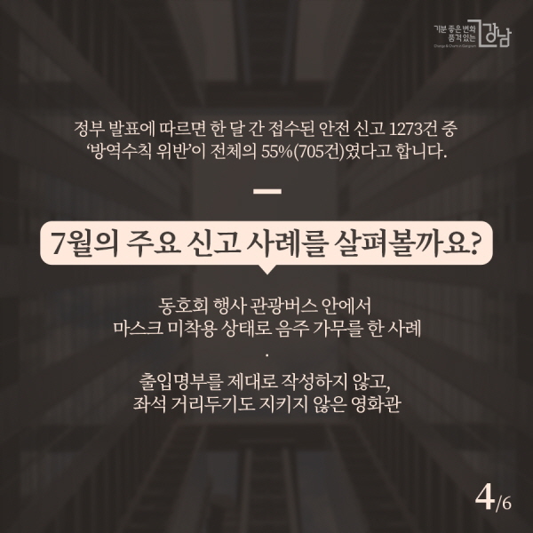  정부 발표에 따르면 한 달 간 접수된 안전 신고 1273건 중 ‘방역수칙 위반’이 전체의 55%(705건)였다고 합니다. 7월의 주요 신고 사례를 살펴볼까요? ▲동호회 행사 관광버스 안에서 마스크 미착용 상태로 음주 가무를 한 사례 ▲출입명부를 제대로 작성하지 않고, 좌석 거리두기도 지키지 않은 영화관