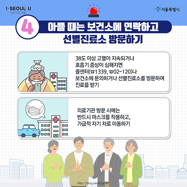 4. 아플 때는 보건소에 연락하고 선별진료소 방문하기 - 38도 이상 고열이 지속되거나 호흡기 증상이 심해지면 콜센터(☎1339, ☎02-120)나 보건소에 문의하거나 선별진료소를 방문, 진료 받기 - 의료기관 방문 시에는 반드시 마스크를 착용하고, 가급적 자차로 이동하기 