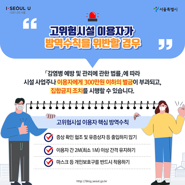 “고위험시설 이용자가 방역수칙을 위반할 경우” 「감염병 예방 및 관리에 관한 법률」에 따라 시설 사업주나 이용자에게 300만 원 이하의 벌금이 부과되고, 집합금지 조치를 시행할 수 있습니다.   <고위험시설 이용자 핵심 방역수칙> ∨ 증상 확인 협조 및 유증상자 등 출입하지 않기 ∨ 이용자 간 2M(최소 1M) 이상 간격 유지하기 ∨ 마스크 등 개인보호구를 반드시 착용하기