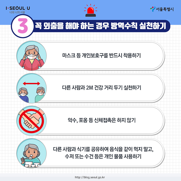 3. 꼭 외출을 해야 하는 경우 방역수칙 실천하기 - 마스크 등 개인보호구를 반드시 착용하기 - 다른 사람과 2m 건강 거리 두기 실천하기 - 악수, 포옹 등 신체접촉은 하지 않기 - 다른 사람과 식기를 공유하여 음식을 같이 먹지 말고, 수저 또는 수건 등은 개인 물품 사용하기 