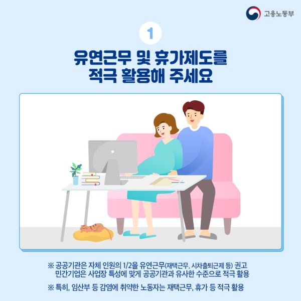 1. 유연근무 및 휴가제도를 적극 활용해 주세요. - 공공기관은 자체 인원의 1/2을 유연근무(재택근무, 시차출퇴근제) 권고 - 민간기업은 사업장 특성에 맞게 공공기관과 유사한 수준으로 적극 활용 - 특히, 임산부 등 감염에 취약한 노동자는 재택근무, 휴가 등 적극 활용