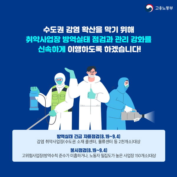 수도권 감염 확산을 막기 위해 취약사업장 방역실태 점검과 관리 강화를 신속하게 이행하도록 하겠습니다. 방역실태 긴급 자율점검(8.19~9.4) 감염 취약사업장(수도권 소재 콜센터, 물류센터 등 2천개소)대상 불시점검(8.19~9.4) 고위험 사업장(방역수칙 준수가 미흡하거나, 노동자 밀집도가 높은 사업장 150개소)대상