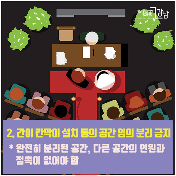 2. 간이 칸막이 설치 등의 공간 임의 분리 금지 * 완전히 분리된 공간, 다른 공간의 인원과 접촉이 없어야 함