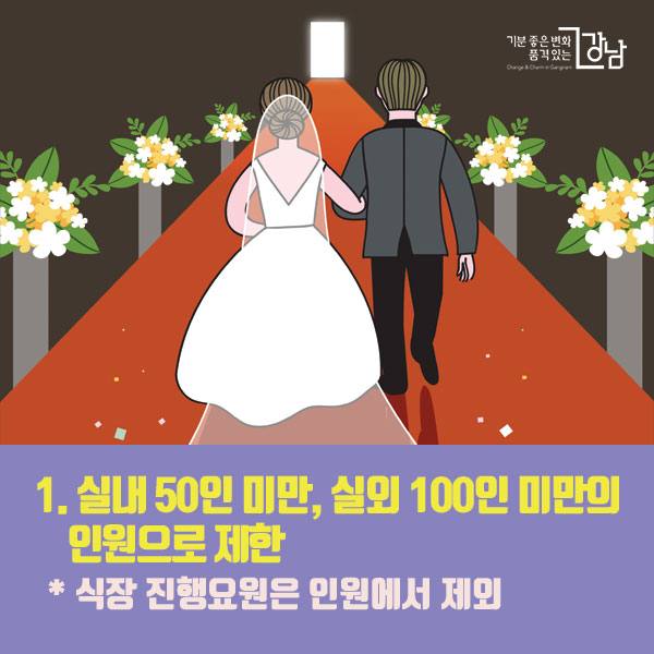 1. 실내 50인 미만, 실외 100인 미만의 인원 제한 * 식장 진행요원은 인원에서 제외