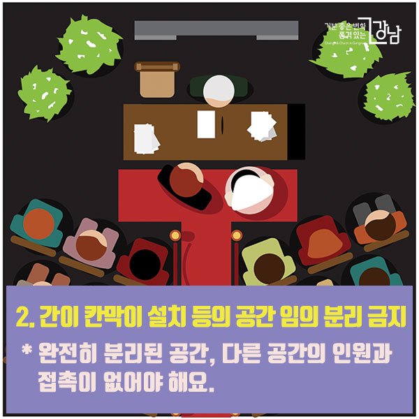 2. 간이 칸막이 설치 등의 공간 임의 분리 금지 * 완전히 분리된 공간, 다른 공간의 인원과 접촉이 없어야 해요.