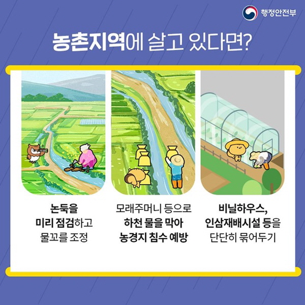 농촌지역에 살고 있다면? - 논둑을 미리 점검하고, 물꼬를 조정 - 모래주머니 등으로 하천 물을 막아 농경지 침수 예방 - 비닐하우스, 인삼재배시설 등을 단단히 묶어두기