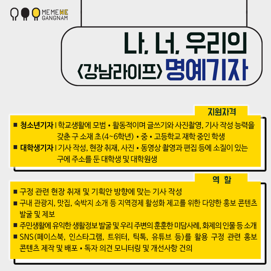 ○지원자격 △청소년기자 : 학교생활에 모범·활동적이며 글쓰기와 사진촬영, 기사 작성 능력을 갖춘 구 소재 초(4~6학년)·중·고등학교 재학 중인 학생 △대학생기자 : 기사 작성, 현장 취재, 사진·동영상 촬영과 편집 등에 소질이 있는 구에 주소를 둔 대학생 및 대학원생 ○ 역할 △구정 관련 현장 취재 및 기획안 방향에 맞는 기사 작성 △구내 관광지, 맛집, 숙박지 소개 등 지역경제 활성화 제고를 위한 다양한 홍보 콘텐츠 발굴 및 제보 △주민생활에 유익한 생활정보 발굴 및 우리 주변의 훈훈한 미담사례, 화제의 인물 등 소개 △SNS(페이스북, 인스타그램, 트위터, 틱톡, 유튜브 등)를 활용 구정 관련 홍보 콘텐츠 제작 및 배포·독자 의견 모니터링 및 개선사항 건의