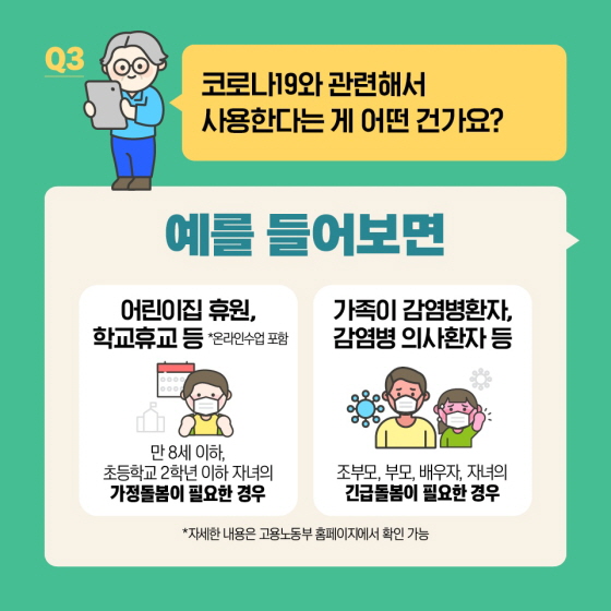 Q3. 코로나19와 관련해서 사용한다는 게 어떤 건가요? 예를 들면 - 어린이집 휴원, 학교휴교 등 *온라인수업 포함 ☞ 만 8세 이하, 초등학교 2학년 이하 자녀의 가정돌봄이 필요한 경우 - 가족이 감염병환자, 감염병 의사환자 등 ☞ 조부모, 부모, 배우자, 자녀의 긴급돌봄이 필요한 경우 *자세한 내용은 고용노동부 홈페이지에서 확인 가능