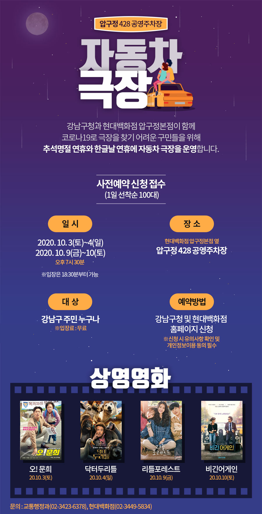 ‘기분 좋은 변화, 품격 있는 강남’을 실현 중인 강남구(구청장 정순균)가 추석·한글날 연휴기간 코로나19로 지친 구민의 심신을 위로하기 위해 다음달 3,4일과 9,10일 19시30분마다 현대백화점 압구정본점 옆 공영주차장(압구정로 161)에서 비대면 관람이 가능한 무료 자동차극장을 운영한다. 이번 무료 자동차극장은 강남구와 현대백화점 공동 개최하는 것으로 사회적 거리두기로 이번 추석 연휴 기간 고향에 방문하지 않거나 코로나19 장기화로 문화·예술을 접할 기회가 적어진 구민들의 일상 속 힐링을 돕는다. 상영되는 영화는 △3일 ‘오!문희’ △4일 ‘닥터두리틀(더빙)’ △9일 ‘리틀포레스트’ △10일 ‘비긴어게인’으로 온 가족이 즐길 수 있는 최신개봉작과 코로나블루를 해소할 작품들로 구성됐다. 관람·주차료는 무료이며, 이용객들에게는 방역물품(마스크 및 케이스, 스트랩)과 간식거리가 제공된다. 선착순 접수를 통해 영화 1회 관람 시 100대의 차량만 수용 가능하며, 희망자는 강남구청(gangnam.go.kr) 또는 현대백화점(ehyundai.com) 홈페이지에서 신청할 수 있다. 자세한 문의는 교통행정과(☎02-3423-6378), 현대백화점 압구정본점(☎02-3449-5834)으로 하면 된다.