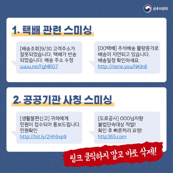 1. 택배 관련 스미싱 #1.[배송조회]9/30 고객주소가 잘못되었습니다. 택배가 반송 되었습니다. 배송 주소 수정 링크 #2.[00 택배] 추석배송 물량증가로 배송이 지연되고 있습니다. 배송일정 확인 링크 ☞ 링크 클릭하지 말고 바로 삭제!!  2. 공공기관 사칭 스미싱 #1.[생활불편신고] 귀하에게 민원이 접수되어 통보드립니다. 민원확인 링크 #2.[도로공사] 000님차량 불법단속대상 적발! 확인 후 빠른처리 요망! 링크 ☞ 링크 클릭하지 말고 바로 삭제!!