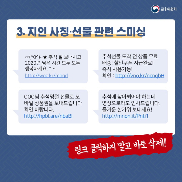 3. 지인 사칭·선물 관련 스미싱 #1.추석 잘 보내시고 2020년 남은 시간 모두 모두 행복하세요.   #2.추석선물 도착 전 상품 무료 배송! 할인쿠폰 지급완료!! 즉시 사용가능! 확인  #3.000님 추석명절 선물로 모 바일 상품권을 보내드립니다. 확인 바랍니다.   #4.추석에 찾아뵈어야 하는데 영상으로라도 인사드립니다. 즐거운 한가위 보내세요! ☞ 링크 클릭하지 말고 바로 삭제!