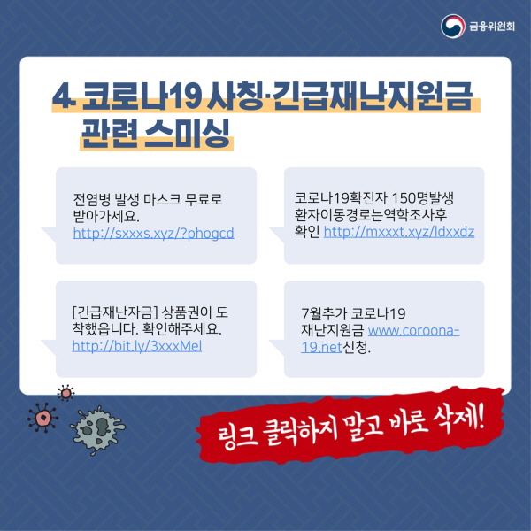 4. 코로나19 사칭·긴급재난지원금 관련 스미싱 #1.전염병 발생 마스크 무료로 받아가세요. 링크 확인!  #2.코로나19확진자 150명발생 환자이동경로는역학조사후 확인. 링크 확인!  #3.[긴급재난자금] 상품권이 도착했읍니다. 링크를 확인해주세요.   #4.7월추가 코로나19 재난지원금 신청 링크 ☞ 링크 클릭하지 말고 바로 삭제!