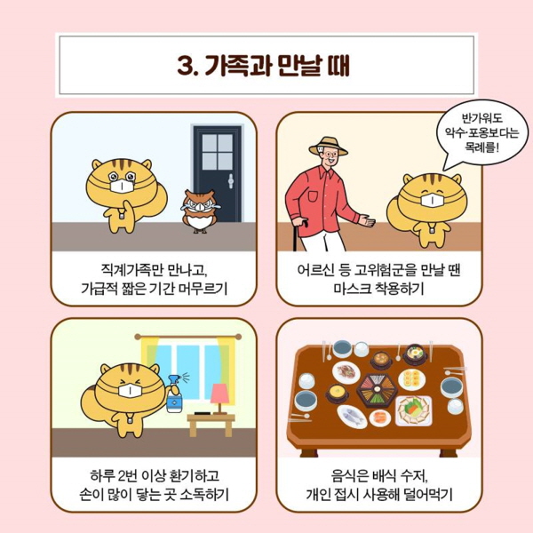 3. 가족과 만날 때 • 직계가족만 만나고, 가급적 짧은 기간 머무르기 • 어르신 등 고위험군을 만날 땐 마스크 착용하기 • 하루 2번 이상 환기하고 손이 많이 닿는 곳 소독하기 • 음식은 배식 수저, 개인접시 사용해 덜어먹기