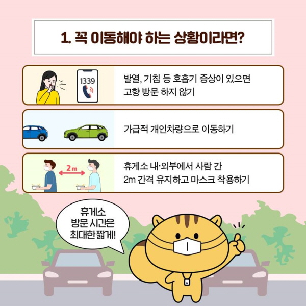 √ 휴게소 방문 시간은 최대한 짧게 √ 실내, 실외 모두 마스크 착용하기 √ 반가움은 목례로 표현하기 √ 온라인 참배 서비스 이용하기 √ 시식 행사 등 참여하지 않기ㅍㅍㅍㅍ