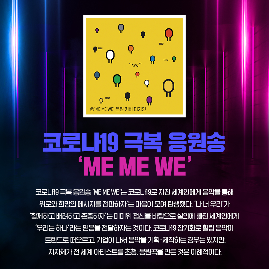 코로나19 극복 응원송 ‘ME ME WE’ 코로나19 극복 응원송 ‘ME ME WE’는 코로나19로 지친 세계인에게 음악을 통해 위로와 희망의 메시지를 전파하자’는 마음이 모여 탄생했다. ‘나 너 우리’가 ‘함께하고 배려하고 존중하자’는 미미위 정신을 바탕으로 실의에 빠진 세계인에게 ‘우리는 하나’라는 믿음을 전달하자는 것이다. 코로나19 장기화로 힐링 음악이 트렌드로 떠오르고, 기업이 나서 음악을 기획·제작하는 경우는 있지만, 지자체가 전 세계 아티스트를 초청, 응원곡을 만든 것은 이례적이다. ⓒ‘ME ME WE’ 음원 커버 디자인