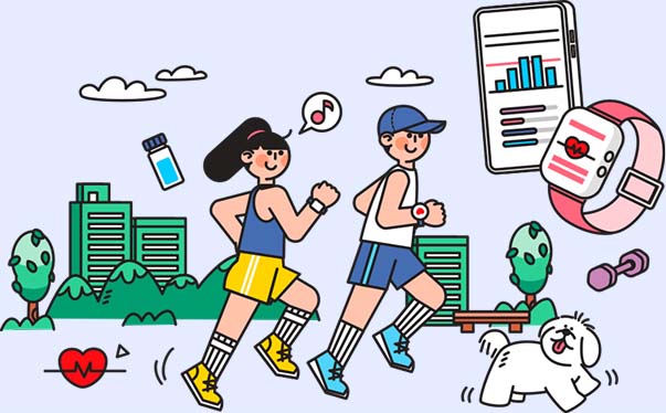 스마트 기기로 걸음 수, 심박수, 활동량 기록, 맞춤형 운동강도 제안