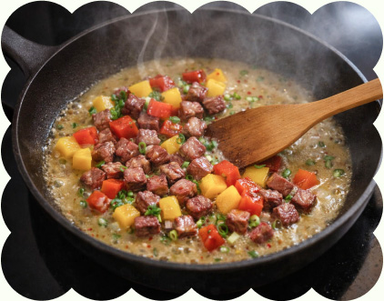 7.6에 파프리카를 넣고 살짝 섞어 볶은 뒤 불을 끈다.