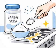 베이킹 소다-알칼리성 물질로 기름때 제거에 효과가 좋다. 또한 흡착 능력이 좋아 먼지나 냄새 제거도 된다. 식품용 베이킹파우더와 착각해서 사용하지 않도록 주의한다.