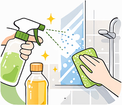 식초-약산성으로 물때와 석회질의 알칼리성 오염물을 녹인다. 욕실 물때와 거울 청소 등에 효과가 있다.