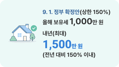 9. 1. 정부 확정안(상한 150%) 올해 보유세 1,000만 원 내년 보유세(최대) 1,500만 원 (전년 대비 150% 이내)