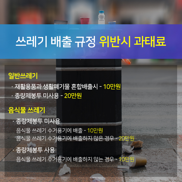 쓰레기 배출 규정 위반시 과태료 자세한 내용은 아래 참고