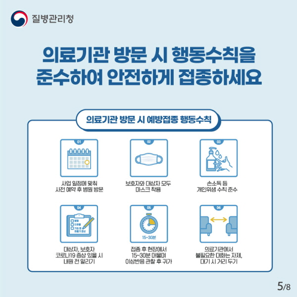 의료기관 방문 시 행동수칙을 준수하며 안전하게 접종하세요! - 사업 일정에 맞춰 사전 예약 후 병원 방문 - 보호자와 대상자 모두 마스크 착용 - 손소독 등 개인위생수칙 준수 - 대상자, 보호자 코로나19 증상 있을 시 내원 전 알리기 - 접종 후 현장에서 15~30분 머물며 이상반응 관찰 후 귀가 - 의료기관에서 불필요한 대화는 자제, 대기 시 거리두기