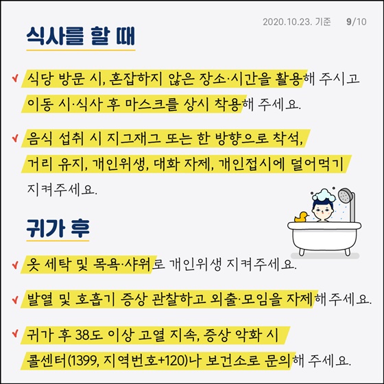 식사를 할 때 - 식당 방문 시, 혼잡하지 않은 장소·시간을 활용해 주시고, 이동 시·식사 후 마스크를 상시 착용해 주세요. - 음식 섭취 시 지그재그 또는 한 방향으로 착석, 거리 유지, 개인위생, 대화 차체, 개인접시에 덜어먹기 지켜주세요. 귀가 후 - 옷 세탁 및 목욕·샤워로 개인위생 지켜주세요. - 발열 및 호흡기 증상 관찰하고 외출·모임을 자제해 주세요. - 귀가 후 38도 이상 고열 지속, 증상 악화 시 콜센터(☎1399, 지역번호+120)나 보건소로 문의해 주세요.
