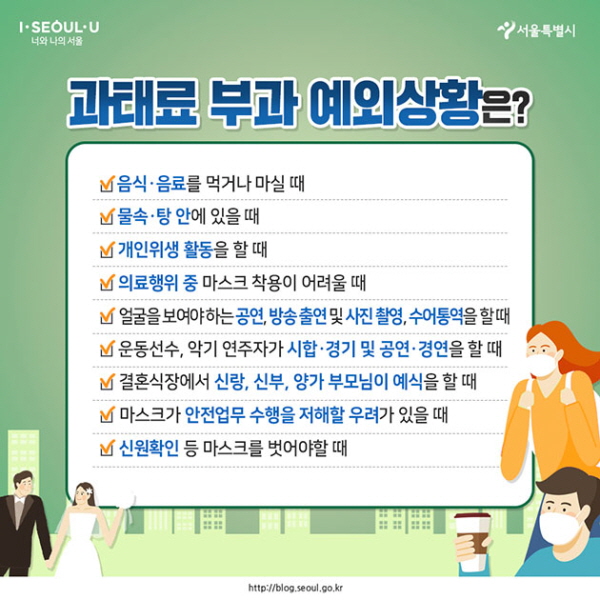 # 과태료 부과 예외상황은? ∨ 음식·음료를 먹거나 마실 때 ∨ 물속·탕 안에 있을 때 ∨ 개인위생 활동을 할 때 ∨ 의료행위 중 마스크 착용이 어려울 때 ∨ 얼굴을 보여야 하는 공연, 방송 출연 및 사진 촬영, 수어통역을 할 때 ∨ 운동선수, 악기 연주자가 시합·경기 및 공연·경연을 할 때 ∨ 결혼식장에서 신랑, 신부, 양가 부모님이 예식을 할 때 ∨ 신원확인 등 마스크를 벗어야할 때