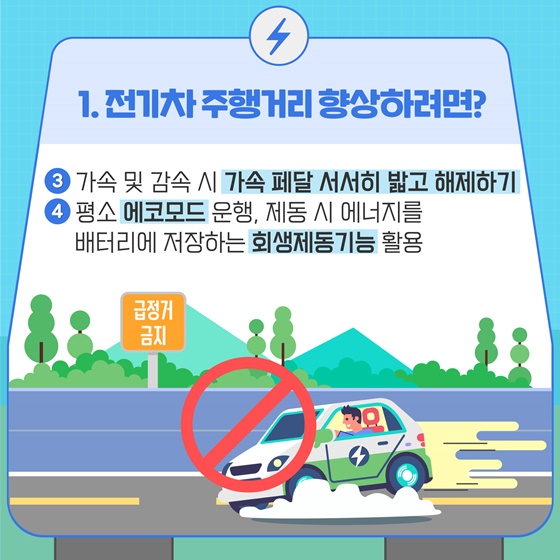 ③ 가속 및 감속 시 가속 페달 서서히 밟고 해제하기  ④ 평소 에코모드 운행, 제동 시 에너지를 배터리에 저장하는 회생제동기능 활용