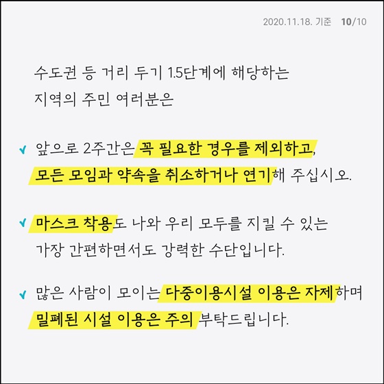 수도권 등 거리 두기 1.5단계에 해당하는 지역의 주민 여러분은 - 앞으로 2주간은 꼭 필요한 경우를 제외하고, 모든 모임과 약속을 취소하거나 연기해 주십시오. - 마스크 착용도 나와 우리 모두를 지킬 수 있는 가장 간편하면서도 강력한 수단입니다. - 많은 사람이 모이는 다중이용시설 이용은 자제하며, 밀폐된 시설 이용은 주의 부탁드립니다. 자료제공_정책브리핑 www.korea.kr