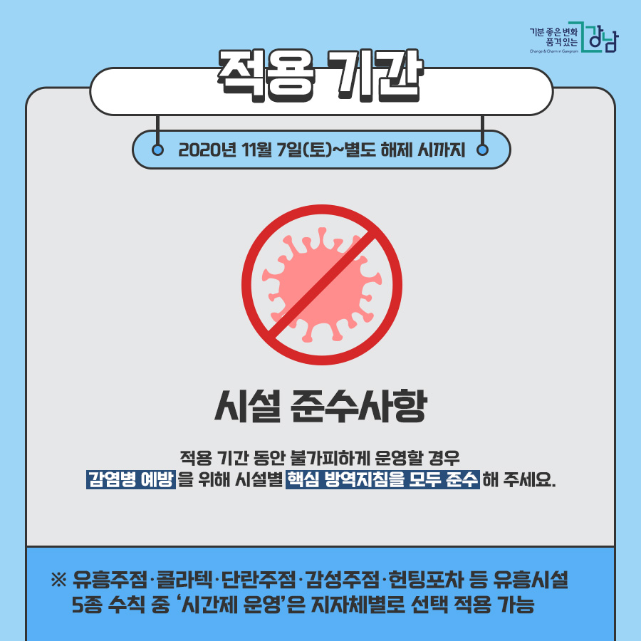 적용 기간 2020년 11월 7일(토) ~ 별도 해제 시까지 시설 준수사항 적용 기간 동안 불가피하게 운영할 경우 감염병 예방을 위해 시설별 핵심 방역지침을 모두 준수해 주세요. ※ 유흥주점·콜라텍·단란주점·감성주점·헌팅포차 등 유흥시설 5종 수칙 중 ‘시간제 운영’은 지자체별로 선택 적용 가능
