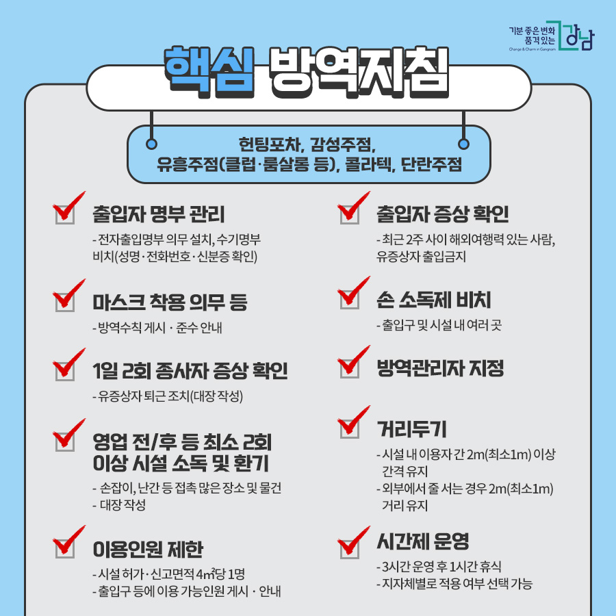 핵심 방역지침 (의무화) 헌팅포차, 감성주점, 유흥주점(클럽·룸살롱 등), 콜라텍, 단란주점 출입자 명부 관리 전자출입명부 의무 설치, 수기명부 비치(성명 · 전화번호 · 신분증 확인) * 전자출입명부 사용이 곤란한 2G폰 이용자, 장애인, 단기 체류외국인, QR코드 거부, 휴대폰 미소지 등의 경우 신분증 대조 후 수기명부 작성 ■출입자 증상 확인 최근 2주 사이 해외여행력 있는 사람, 유증상자 출입금지 ■마스크 착용 의무 등 - 방역수칙 게시 · 준수 안내 ■1일 2회 종사자 증상 확인 - 유증상자 퇴근 조치(대장 작성) ■손 소독제 비치 - 출입구 및 시설 내 여러 곳 ■방역관리자 지정 ■영업 전/후 등 최소 2회 이상 시설 소독 및 환기 - 문 손잡이, 난간 등 접촉 많은 장소 및 물건 - 대장 작성 ■거리두기 - 시설 내 이용자 간 2m(최소1m) 이상 간격 유지 - 외부에서 줄 서는 경우 2m(최소1m) 거리 유지 ■이용인원 제한 - 시설 허가·신고면적 4㎡당 1명 - 출입구 등에 이용 가능인원 게시 · 안내 ■시간제 운영 - 3시간 운영 후 1시간 휴식 - 지자체별로 적용 여부 선택 가능