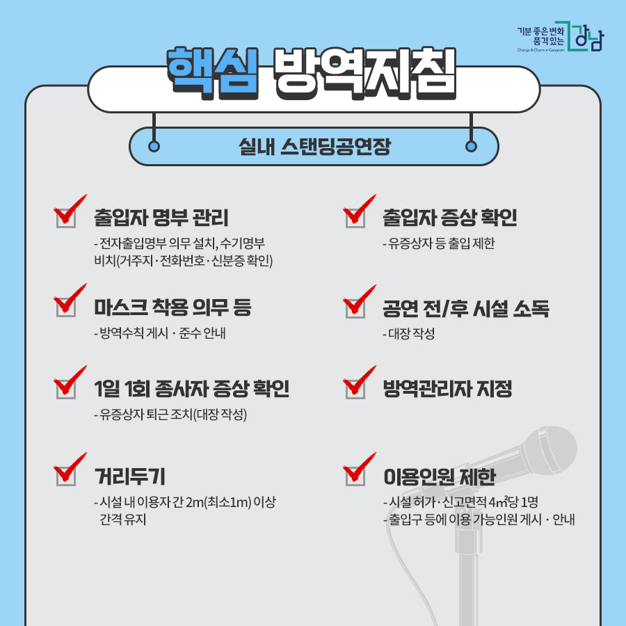 실내 스탠딩공연장 ■출입자 명부 관리 - 전자출입명부 의무 설치, 수기명부 비치(거주지 · 전화번호 · 신분증 확인) ■출입자 증상 확인 유증상자 등 출입 제한 ■마스크 착용 의무 등 - 방역수칙 게시 · 준수 안내 ■1일 1회 종사자 증상 확인 - 유증상자 퇴근 조치(대장 작성) ■방역관리자 지정 ■공연 전/후 시설 소독 - 대장 작성 ■거리두기 시설 내 이용자 간 2m(최소1m) 이상 간격 유지 ■이용인원 제한 - 시설 허가·신고면적 4㎡당 1명 - 출입구 등에 이용 가능인원 게시 · 안내