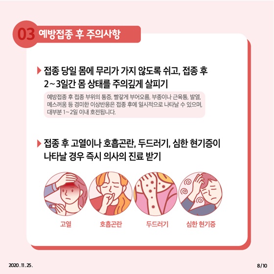 3. 예방접종 후 주의사항 - 접종 당일 몸에 무리가 가지 않도록 쉬고, 접종 후 2~3일간 몸 상태를 주의깊게 살피기  예방접종 후 접종 부위의 통증, 빨갛게 부어오름, 부종이나 근육통, 발열, 메스꺼움 등 경미한 이상반응은 접종 후에 일시적으로 나타날 수 있으며, 대부분 1~2일 이내 호전됩니다. - 접종 후 고열이나 호흡곤란, 두드러기, 심한 현기증이 나타날 경우 즉시 의사의 진료 받기