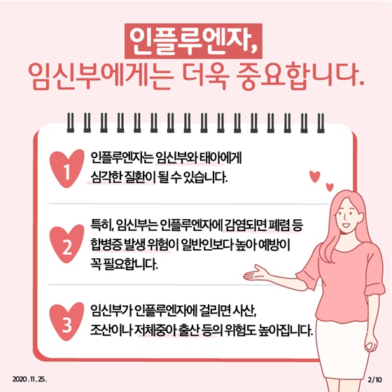 인플루엔자는 임신부와 태아에게 심각한 질환이 될 수 있으며, 특히 임신부가 인플루엔자에 감염될 경우 일반인보다 폐렴과 같은 합병증 발생 위험이 높아 예방이 꼭 필요합니다.  임신부라면 산모 수첩 또는 임신여부를 확인할 수 있는 서류를 준비하여 가까운 지정의료기관을 통해 무료로 접종하시기 바랍니다. 한 번의 인플루엔자 예방접종으로 임신부와 태아 모두를 지킬 수 있습니다!  인플루엔자, 임신부에게는 더욱 중요합니다. 1. 인플루엔자는 임신부와 태아에게 심각한 질환이 될 수 있습니다. 2. 특히, 임신부는 인플루엔자에 감염되면 폐렴 등 합병증 발생 위험이 일반인보다 높아 예방이 꼭 필요합니다. 3. 임신부가 인플루엔자에 걸리면 사산, 조산이나 저체중아 출산 등의 위험도 높아집니다.