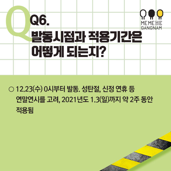 Q6. 발동시점과 적용기간은 어떻게 되는지? ○ 12.23(수) 0시부터 발동. 성탄절, 신정 연휴 등 연말연시를 고려, 2021년도 1.3(일)까지 약 2주 동안 적용됨