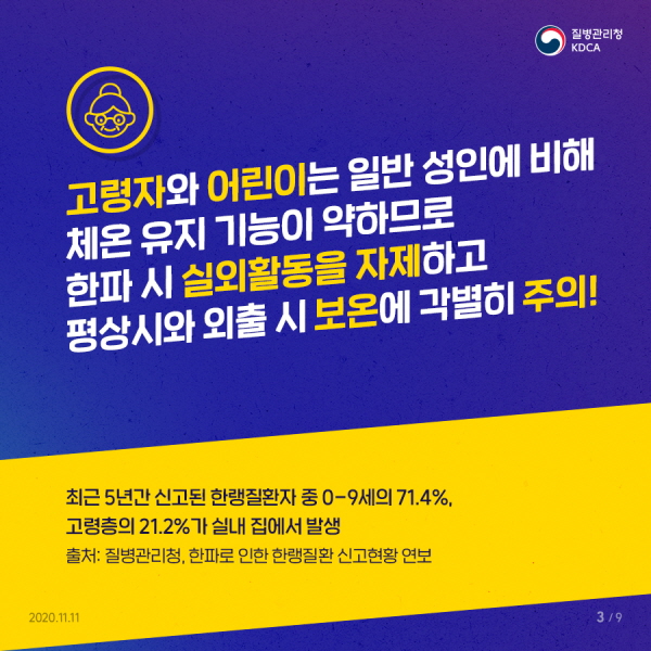 고령자와 어린이는 일반 성인에 비해 체온유지 기능이 약하므로 한파 시 실외활동을 자제하고, 외출 시 보온에 각별히 주의!  최근 5년간 신고된 한랭질환자 중 0-9세의 71.4%, 고령층의 21.2%가 집에서 발생