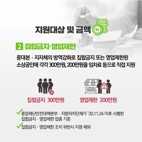 ❷ (집합금지·영업제한) ’20.11.24일 이후 중대본・지자체의 방역강화로 집합금지 또는 영업제한된 소상공인에 각각 300만원, 200만원 ◦ 「감염병예방법」에 따라 중앙재난안전대책본부·지방자치단체가 ’20.11.24 이후 시행한 집합금지·영업제한 업종 기준* * (수도권) 거리두기 2.5단계 (비수도권) 거리두기 2단계 (공통) 연말연시 특별방역 * 지자체별 별도 방역조치 포함 -집합금지・영업제한 조치 위반시 지원 제외 (위반사실 확인시 환수)